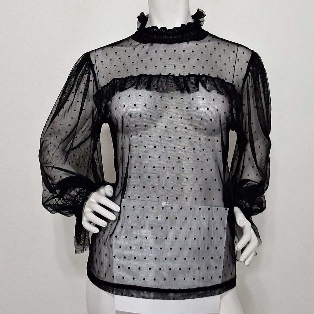 Willow Black Whimsygoth Polka Dot Ruffles Ballon Sleeves Sheer Fairy Top Size L